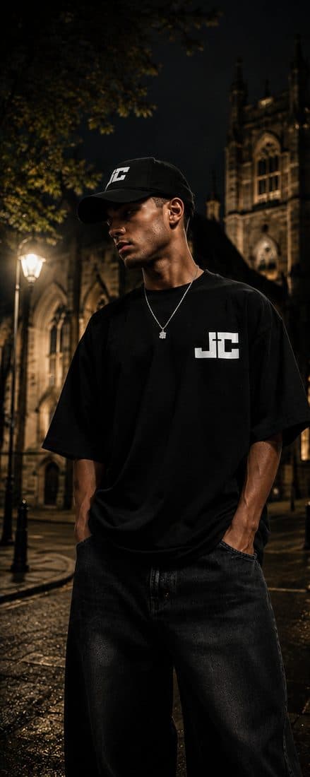 Boxy tee and five-panel cap outside a lit cathedral at night