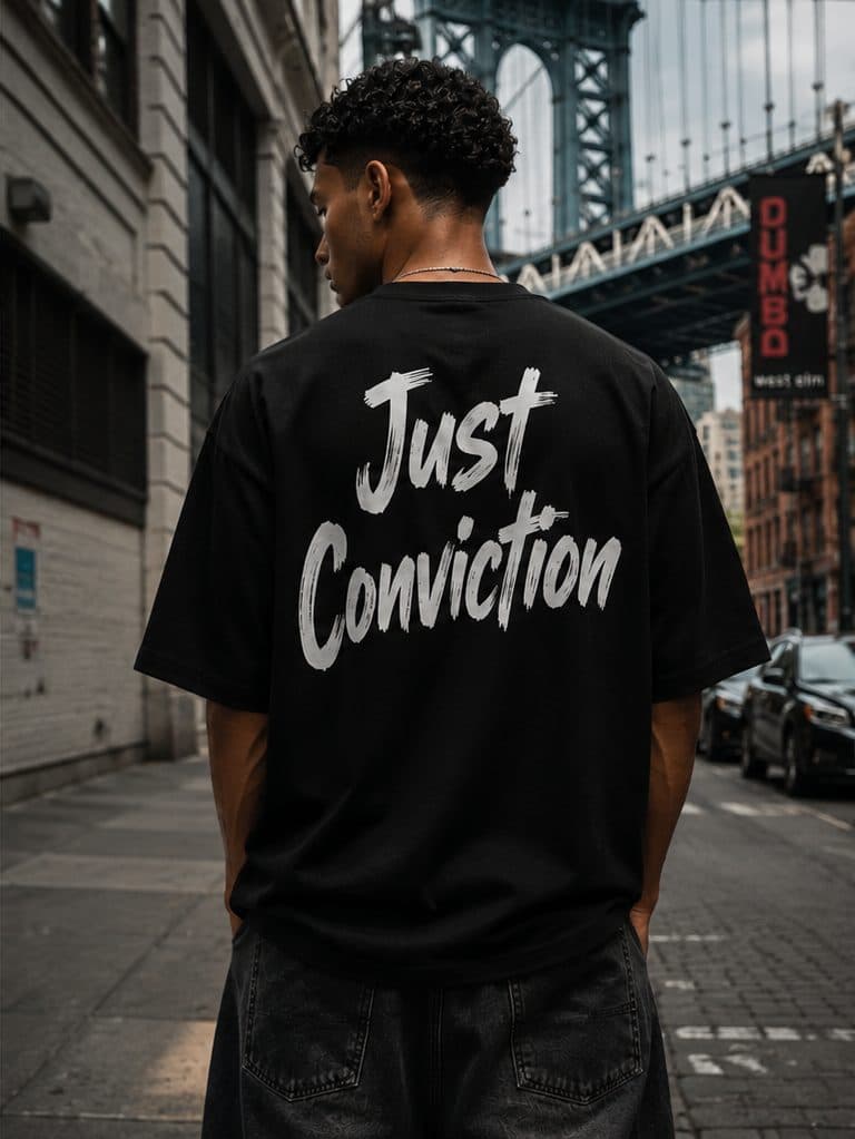 Back print of the boxy tee under the Manhattan Bridge in DUMBO