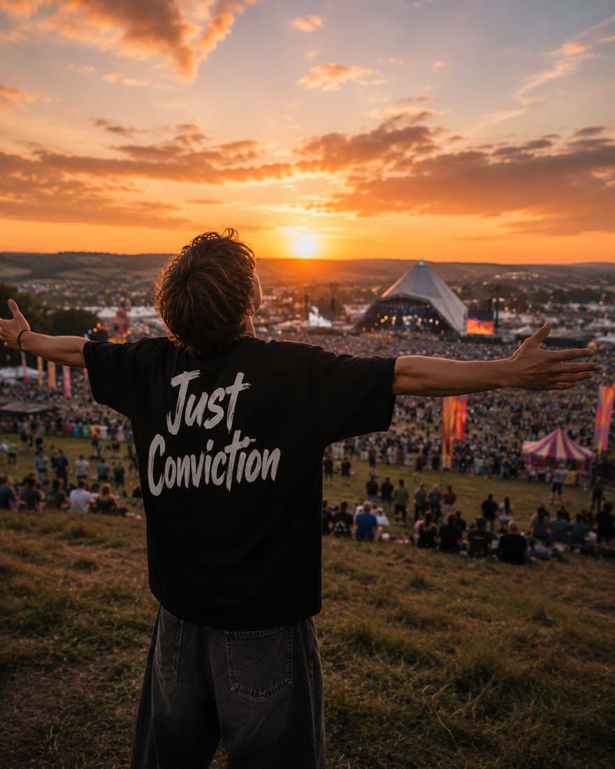 Back view of the boxy tee, arms outstretched, overlooking a festival crowd at golden hour