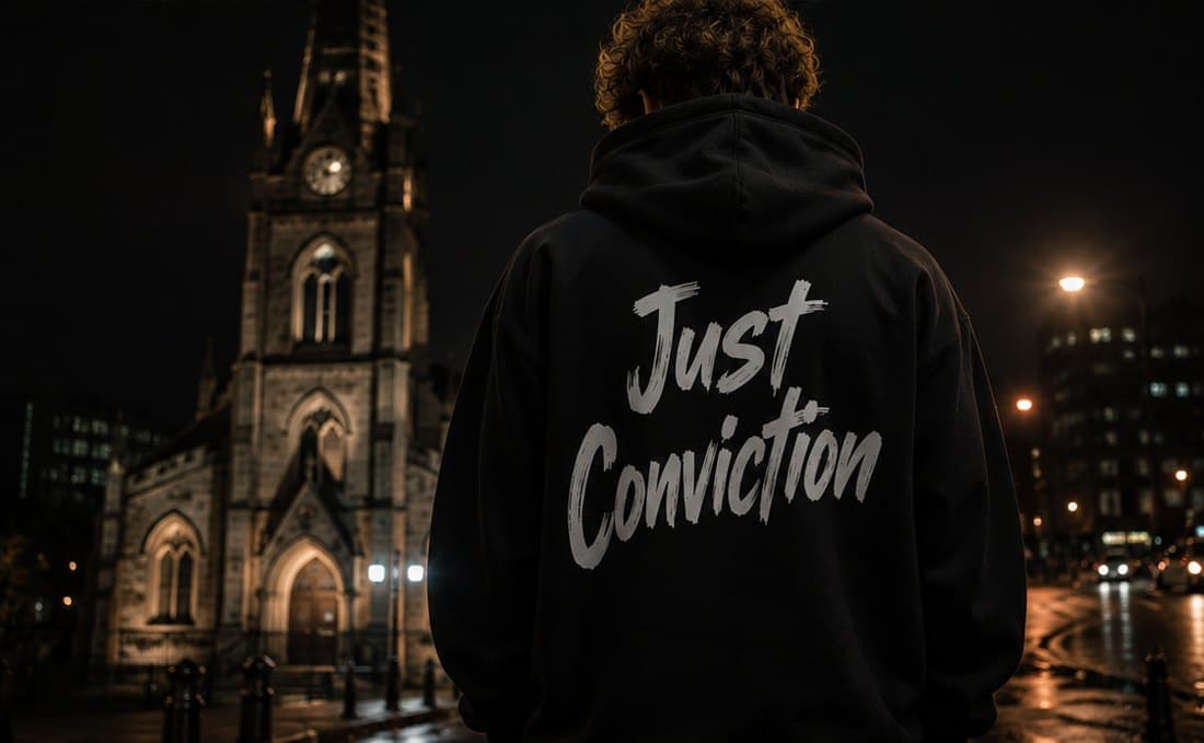 Back of the CONVICTION 001 Heavyweight Hood with the brush print, outside a lit church at night