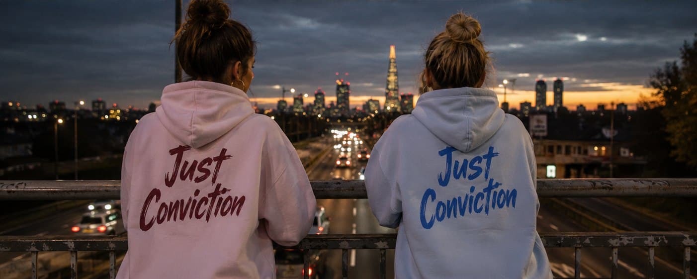 Two women in light pink and sky blue hoodies on a bridge above the London skyline at dusk