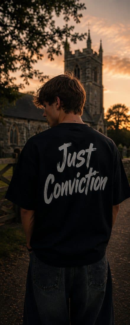 Back print of the boxy tee outside a parish church at golden hour